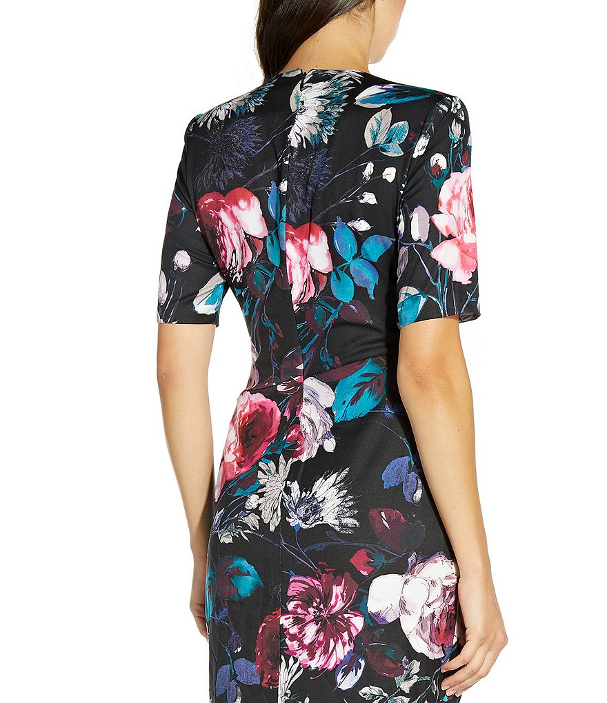 Adrianna Papell Floral Print V-Neck Elbow Short Sleeve Tulip Hem Sheath Dress