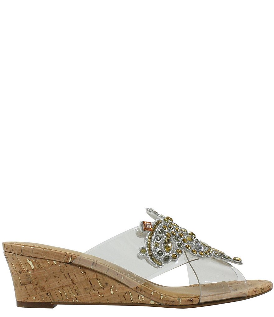 J. Renee Allysen Rhinestone Clear Cork Wedge Dress Slides