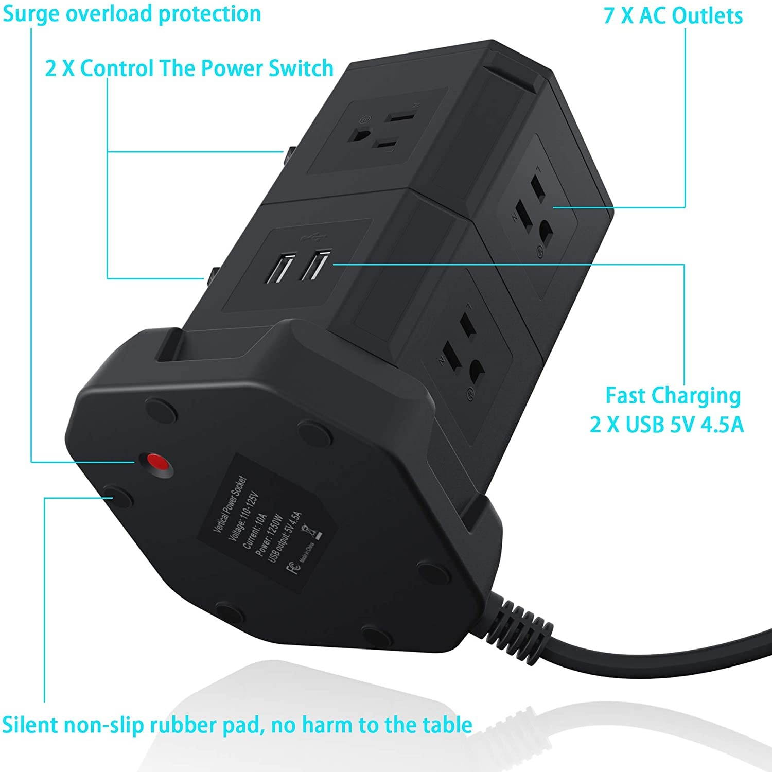 BTU Surge Protector Electric Charging Station,Power Strip Tower Wireless Charger+7 Outlet Plugs+2 USB Ports + 6.5ft Extension Cord Universal Socket PC Laptops Phone(Black)