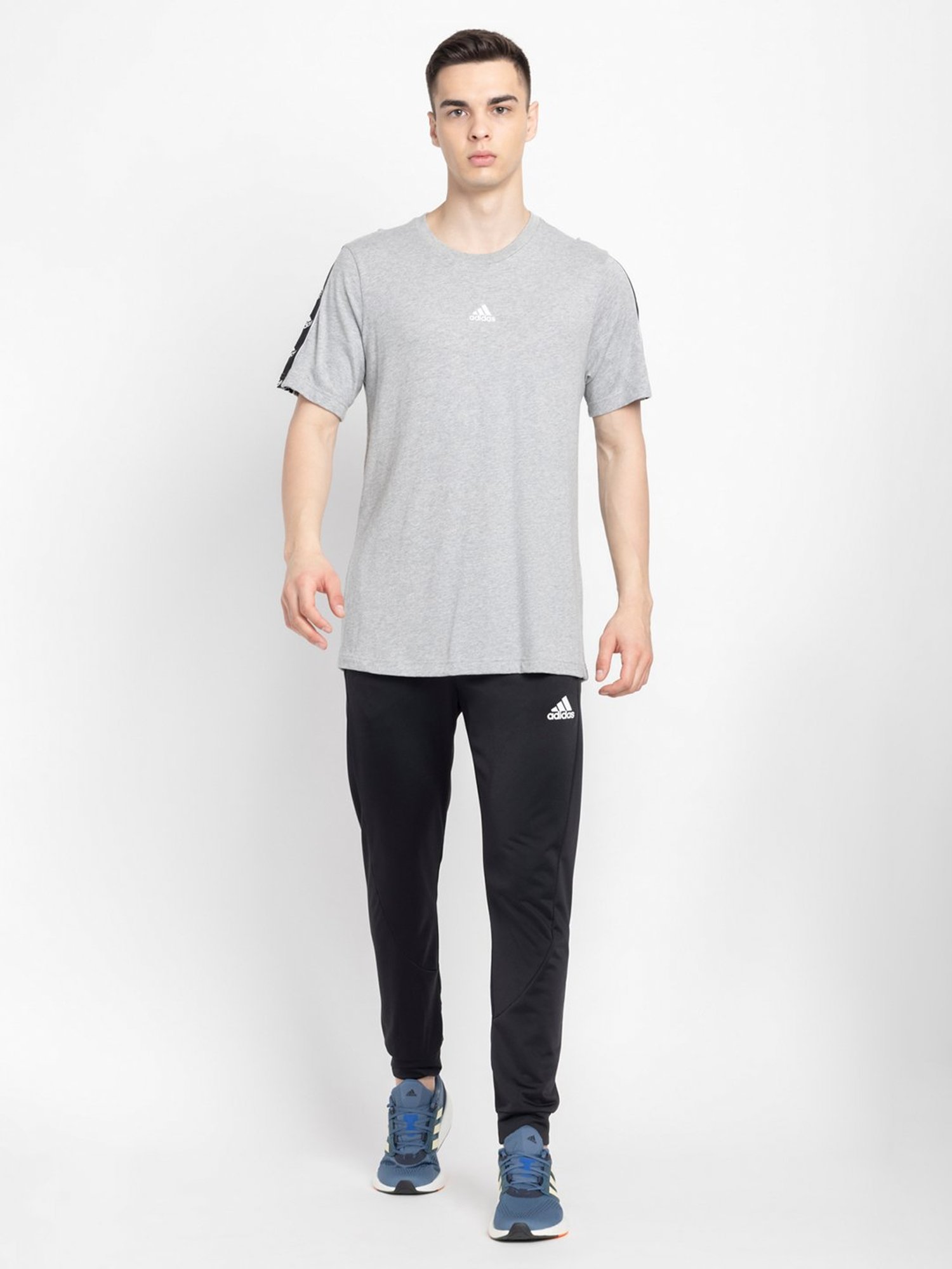 adidas Grey Melange Regular Fit Logo Print Cotton Sports T-Shirt
