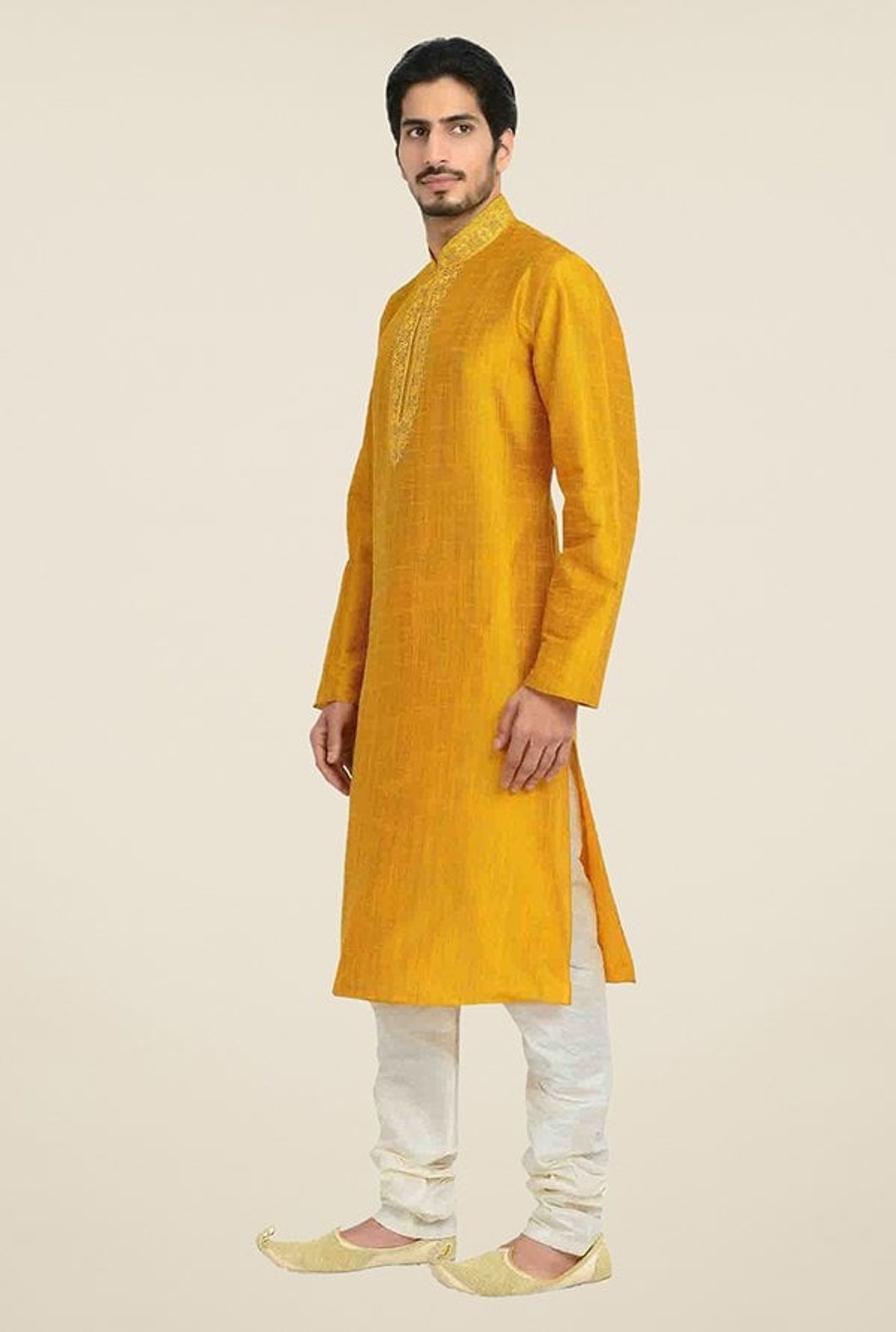 Manyavar Simple Gold & White Self Design Kurta & Churidar Set