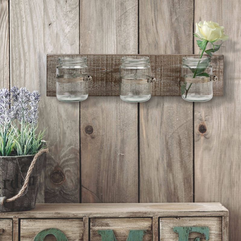 15.7" x 3.7" Rustic Wooden Wall Decor with 3 Glass Jars Worn White/Brown - Stonebriar Collection