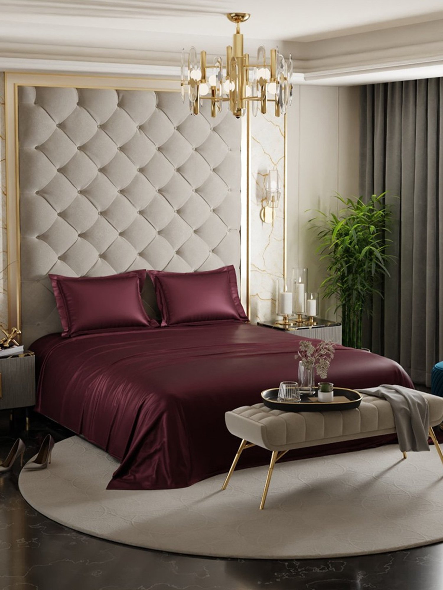 Stoa Paris Date Night Collection Velvet Wine Polyester 300 TC Double Bed Sheet With 2 Pillow Covers