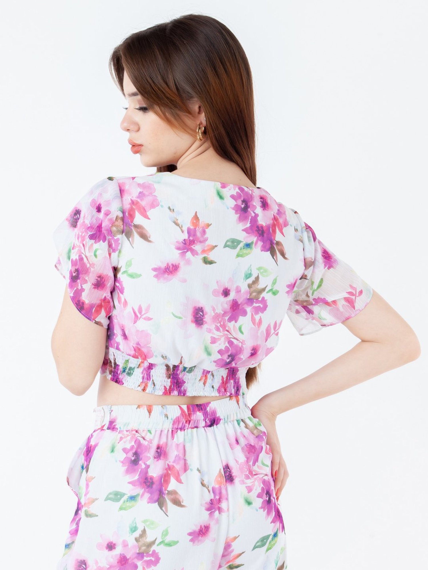 Zink London White & Lavender Floral Print Crop Top