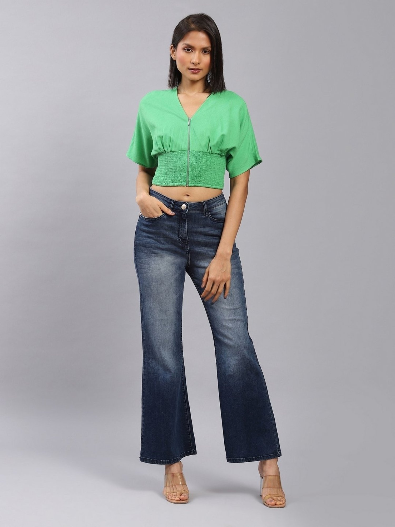 Label Ritu Kumar Green Cotton Blend Solid Cropped Zipper Top