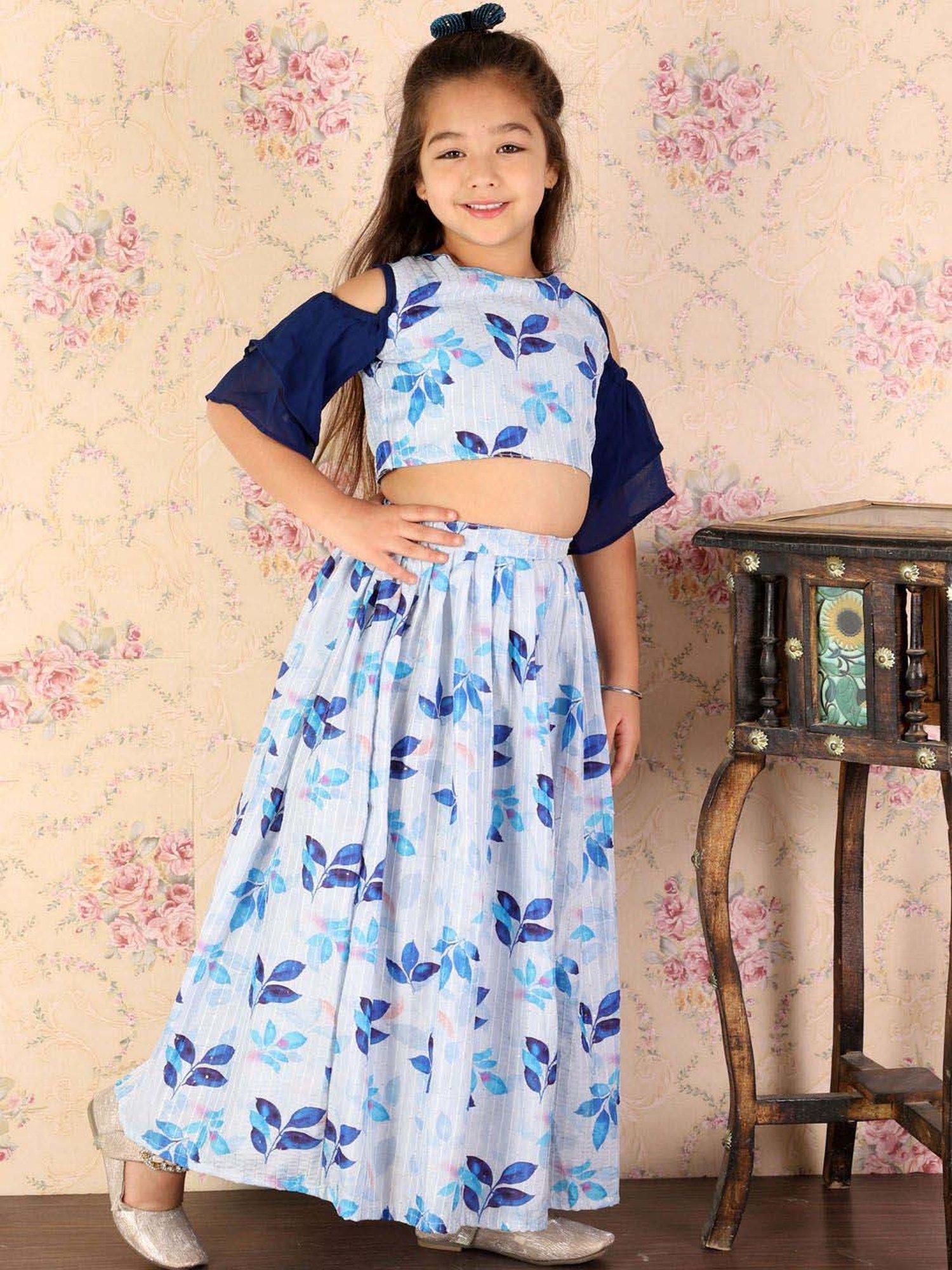 A Little Fable Kids Blue Printed Lehenga with Choli & Dupatta