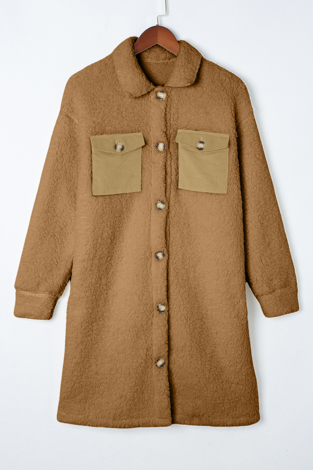 Khaki Contrast Flap Pocket Single Breasted Teddy Coat