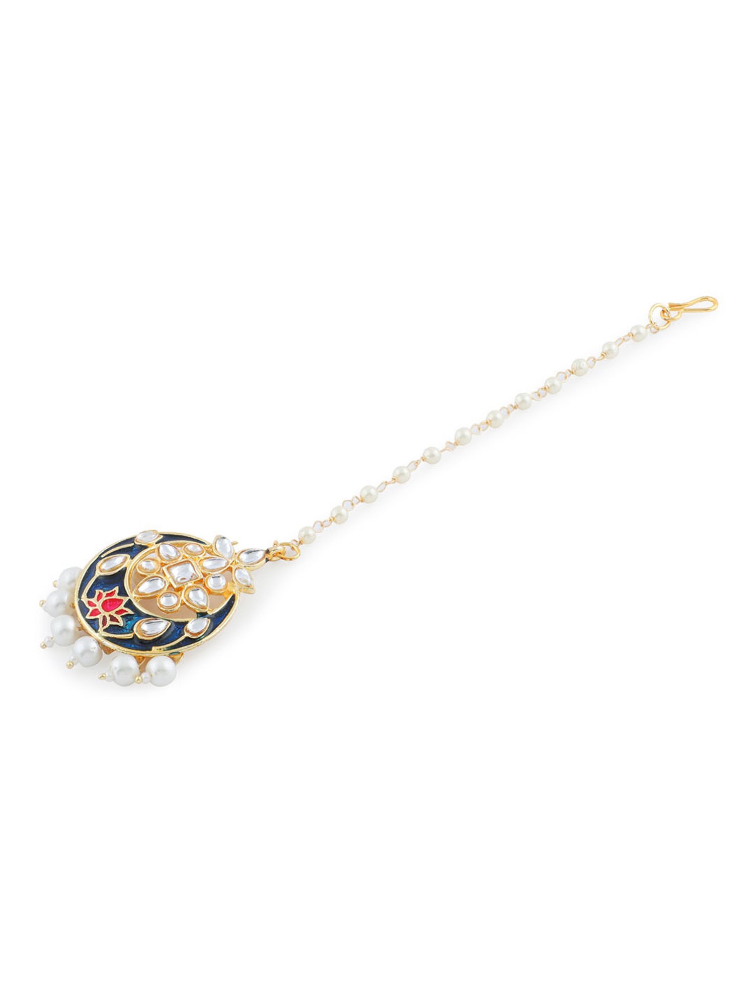 Fida Kundan Pearls Blue Pink Enamelled Floral Crescent Mangtikka for Women