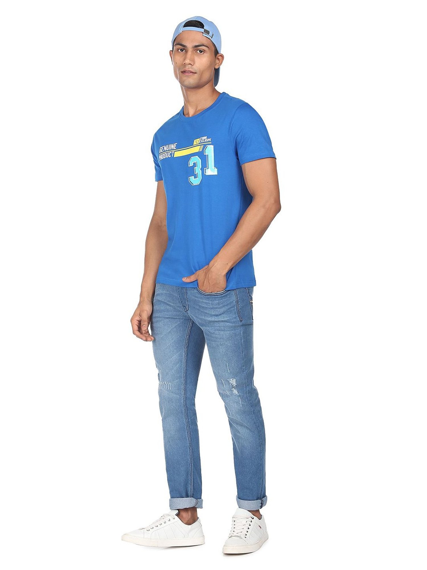 AD by Arvind Royal Blue Slim Fit Crew T-Shirt