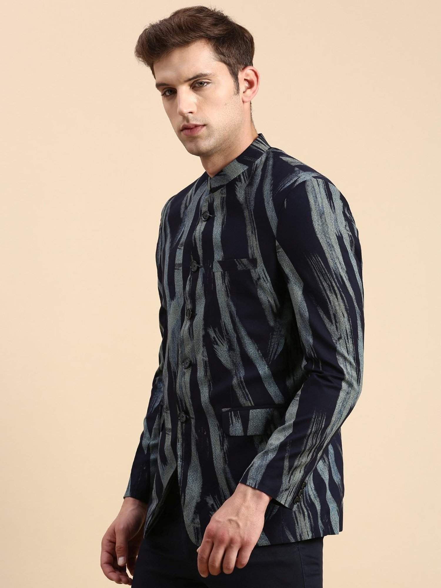 SHOWOFF Navy Blue Cotton Slim Fit Printed Blazer