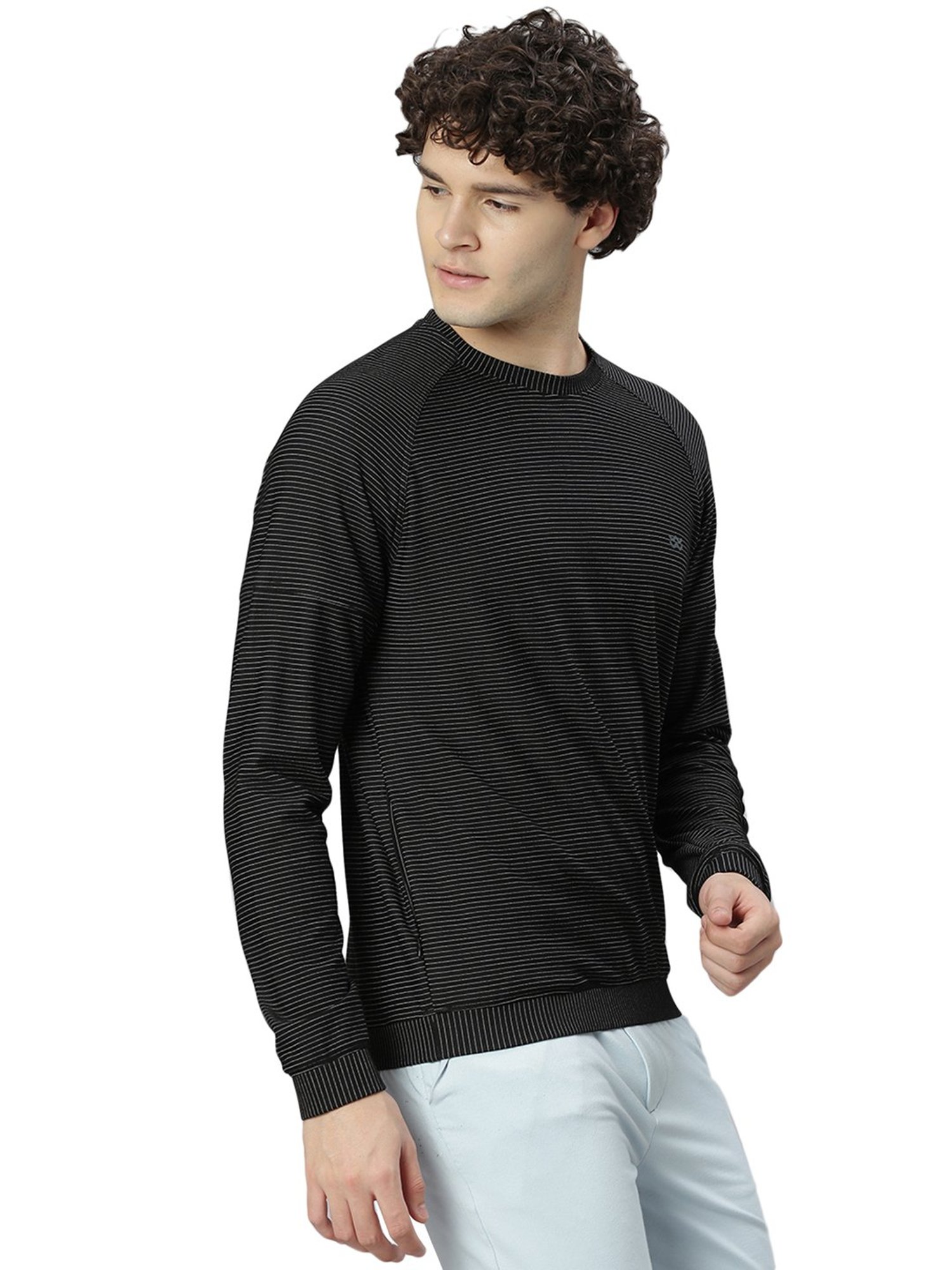 Slowave Black Regular Fit Striped Round Neck Sweatshirt
