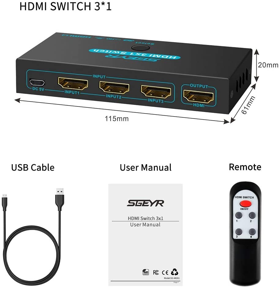 HDMI Switches, 3 Port HDMI Switcher 3 in 1 Out Metal HDMI Switcher Selector 3x1 with IR Remote Control HDMI Selector Box HDMI 1.4 HDCP 1.4 Support 4K /30Hz Ultra HD 3D 2160P 1080P