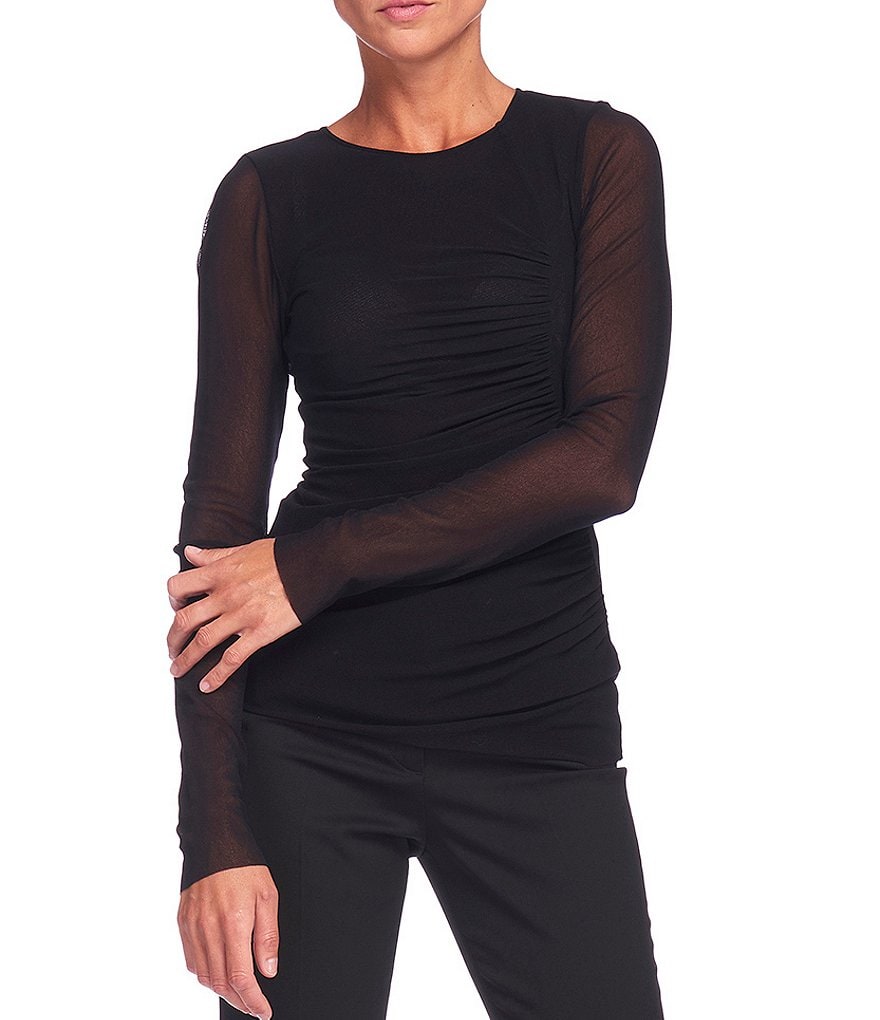 FUZZI Tulle Mesh Knit Crew Neck Ruched Long Sleeve Top