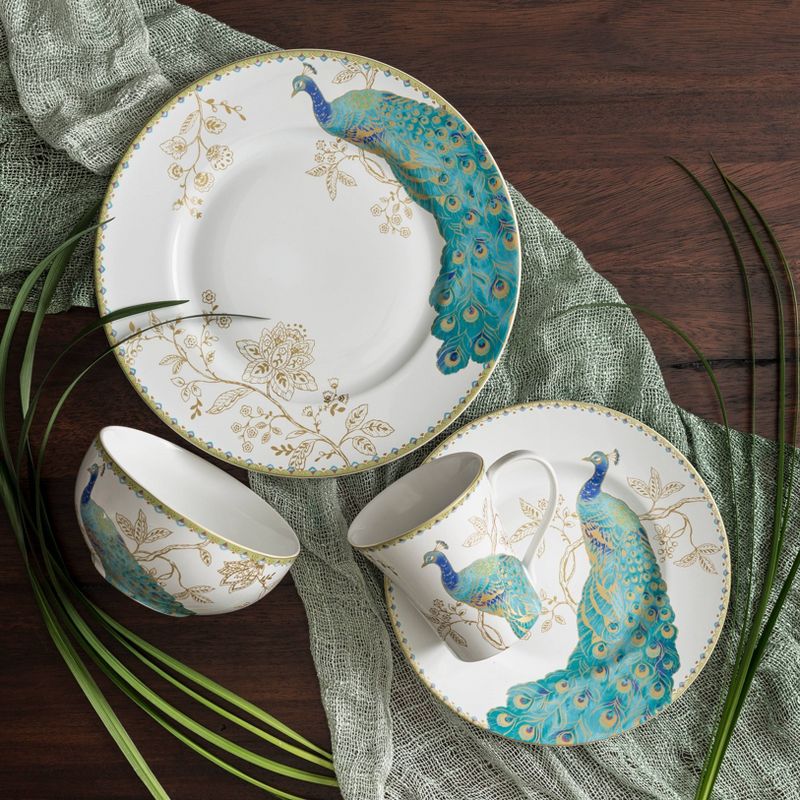 222 Fifth Peacock Garden Porcelain 16pc Dinnerware Set White