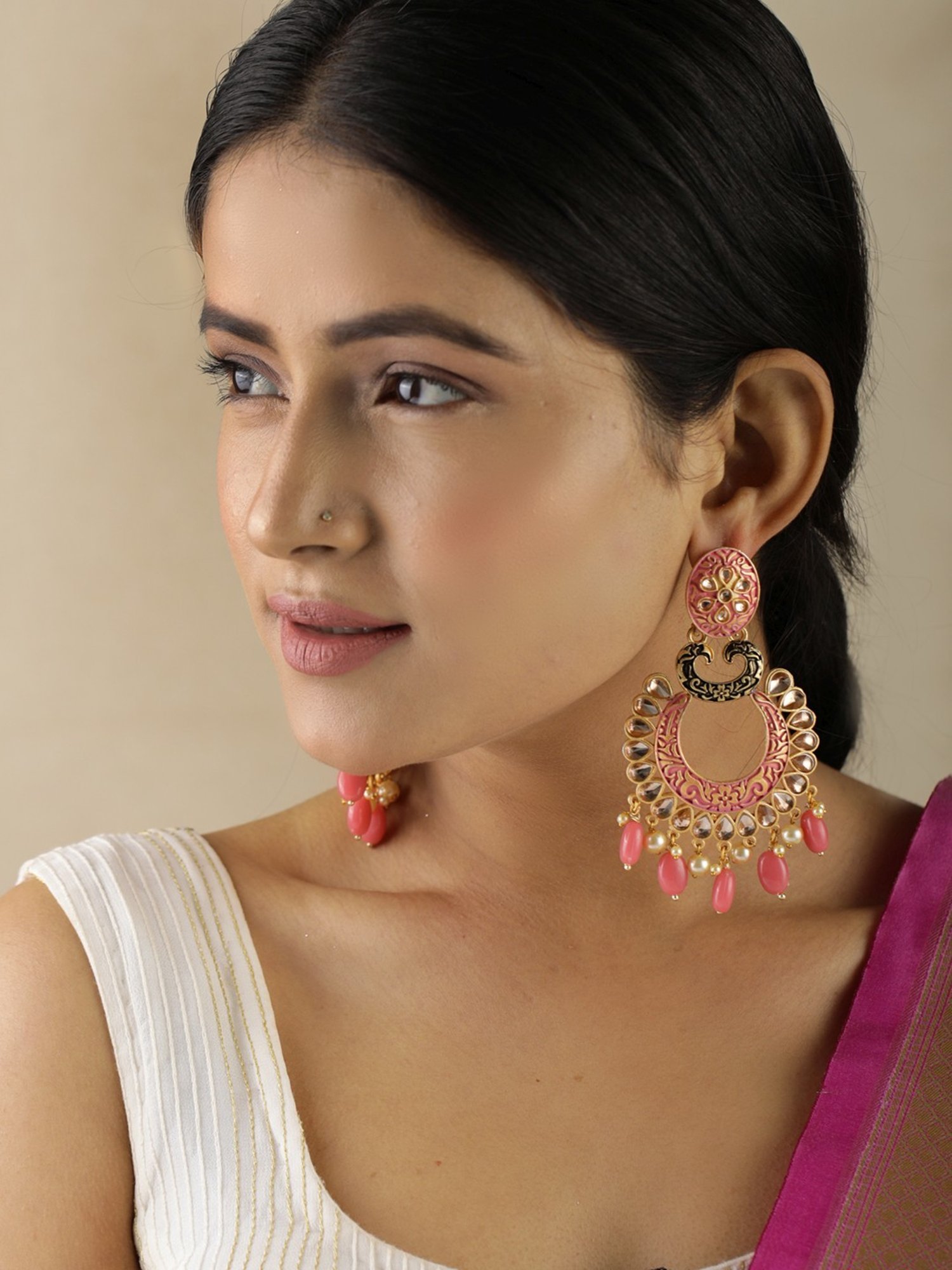 Priyaasi Kundan Studded and Beaded Meenakari Chand Bali Earrings