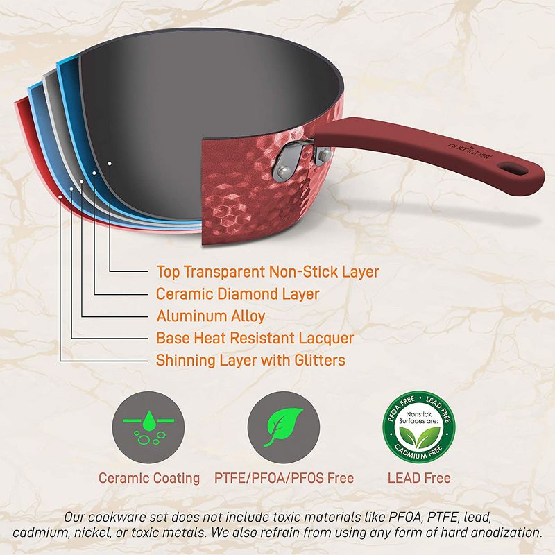 NutriChef Metallic Nonstick Ceramic Cooking Kitchen Cookware Pots and Pans with Lids, Utensils, and Cool Touch Handle Grips, 11 Piece Set, Red