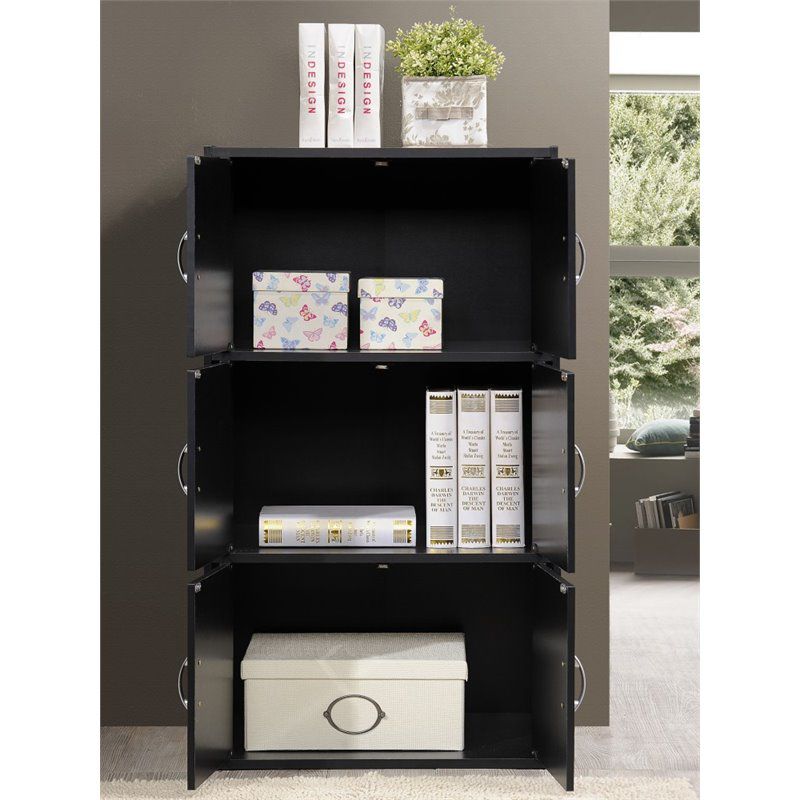 3 Shelf 6 Door Bookcase in Black - Hodedah