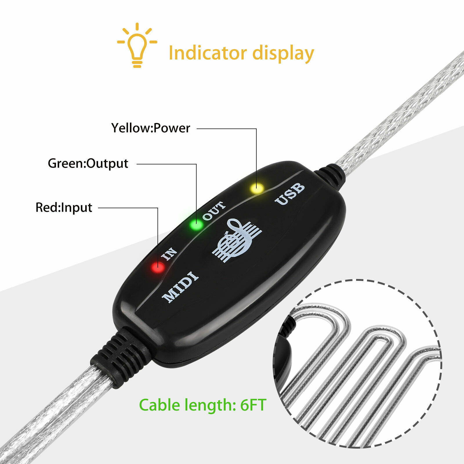 Professional MIDI to USB IN-OUT Cable Converter For PC/Mac/Laptop - 6FT, (Black)