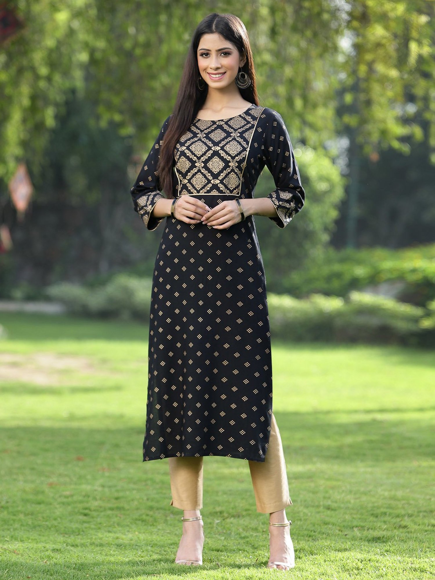 Juniper Black Ethnic Motif Printed Rayon Straight Kurta
