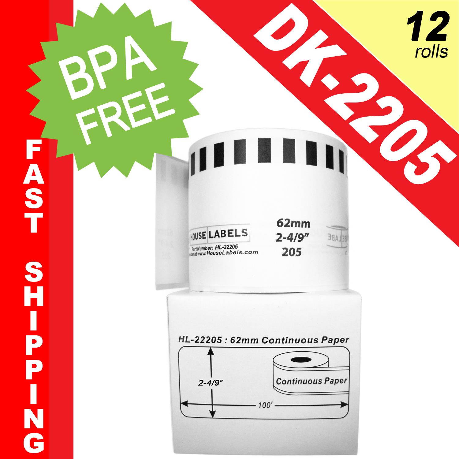 BROTHER-Compatible DK-2205 Continuous Paper Labels (2-4/9" x 100'; 62mm*30.48m) -- BPA Free! (12 Rolls; Continuous Paper)