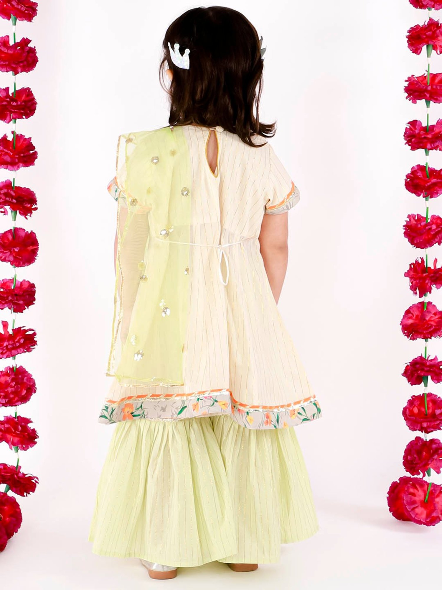 Little Bansi Kids Green Striped Kurta, Sharara with Dupatta