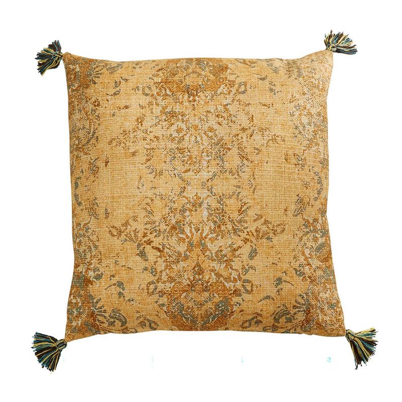 20"x20" Motif Printed Square Throw Pillow with Tassels Teal/Ochre - Patina Vie