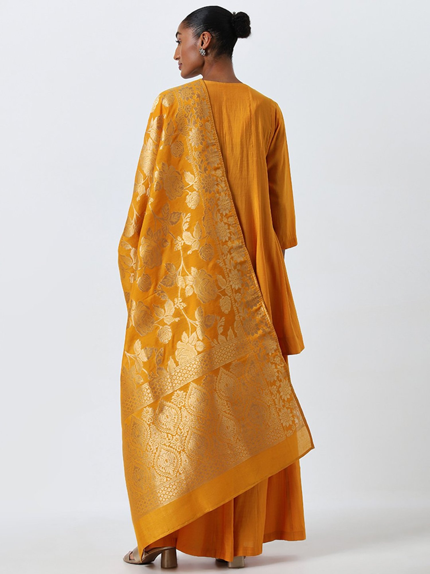 Vark by Westside Mustard Embellished Kurti, Palazzos and Dupatta Set