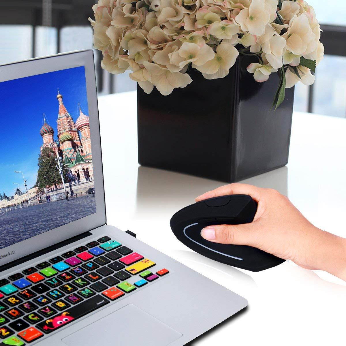 2.4G USB Wireless Vertical Mouse Rechargeable Ergonomic Optical Computer Mouse with 3 Adjustable DPI 1000/1200/1600 Levels 6 Buttons for Laptop, PC, Computer, Desktop, Notebook - Black