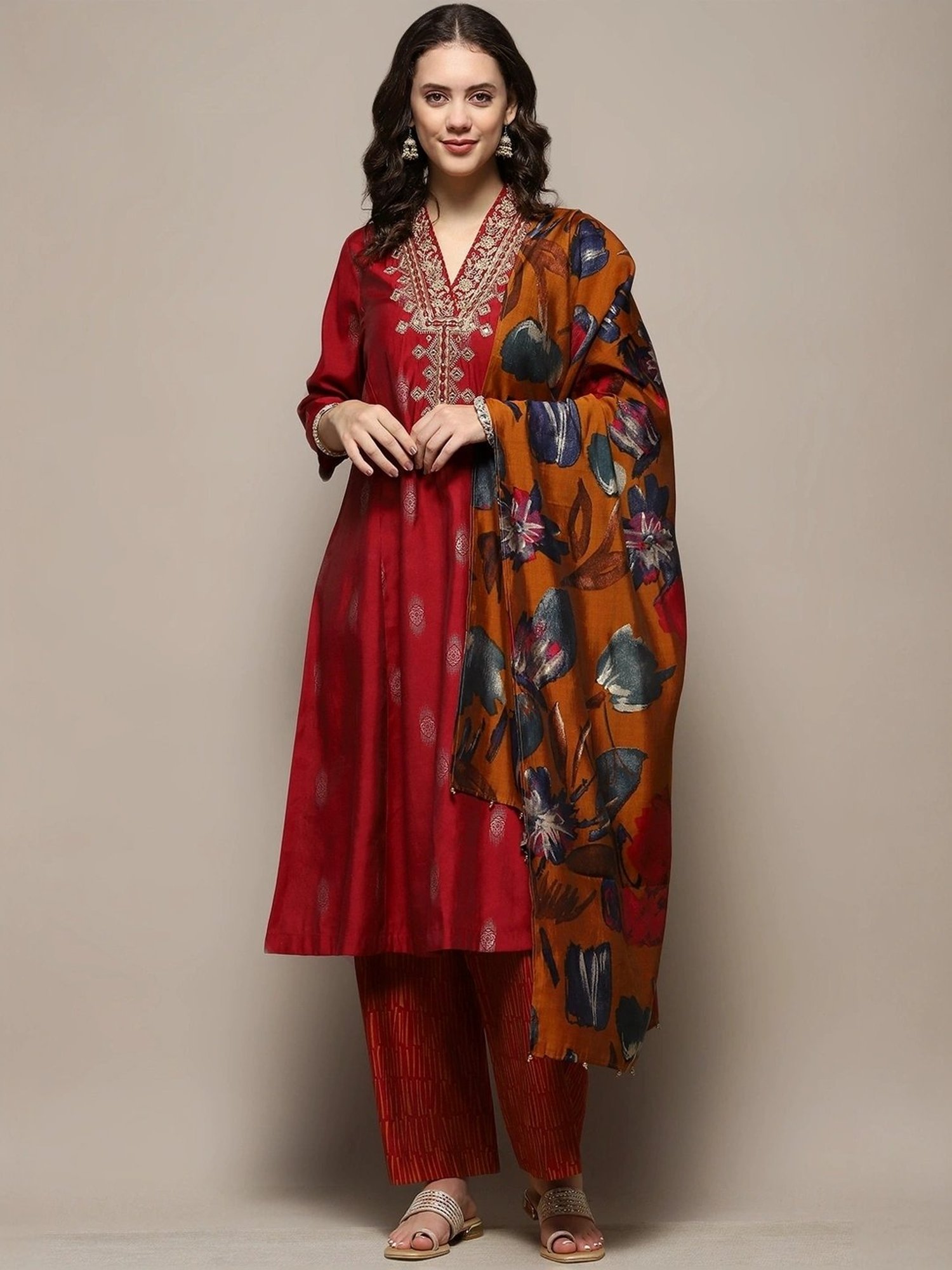 Biba Maroon Embroidered Kurta & Palazzo Set With Dupatta