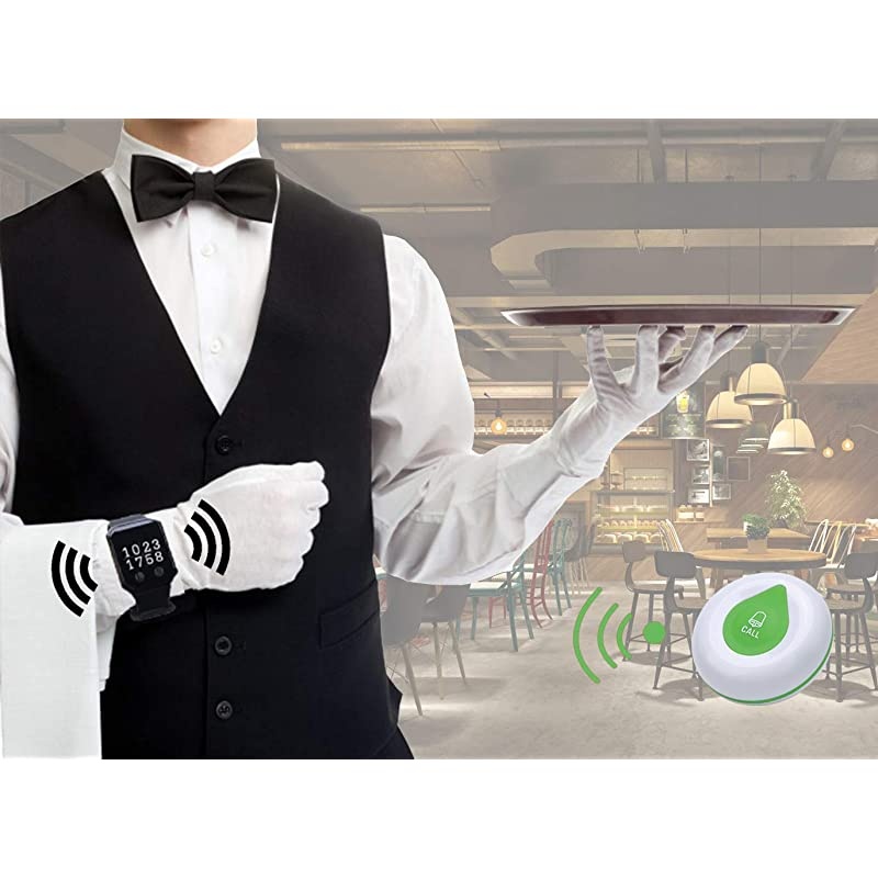 Wireless Caregiver Pager,  Caregiver Alert Button Personal Help Nurse Alert Wrist Pager for Home Nurses Caregivers Patients Elderly 5 Waterproof Call Buttons 1 Watch Pager Receiver