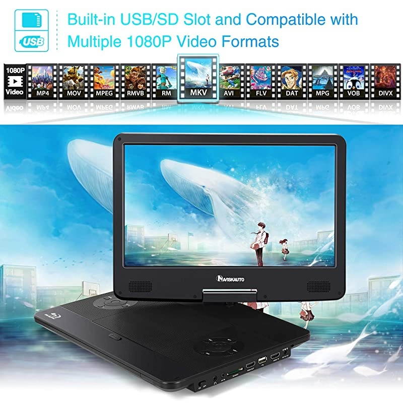 14" Portable Blu-Ray DVD Player with 1920X1080 HD Large Screen, 4000mAh Rechargeable Battery, Support HDMI in/Out, USB/SD Card Reader, MP4 Video Playback (HDMI Cable Included)