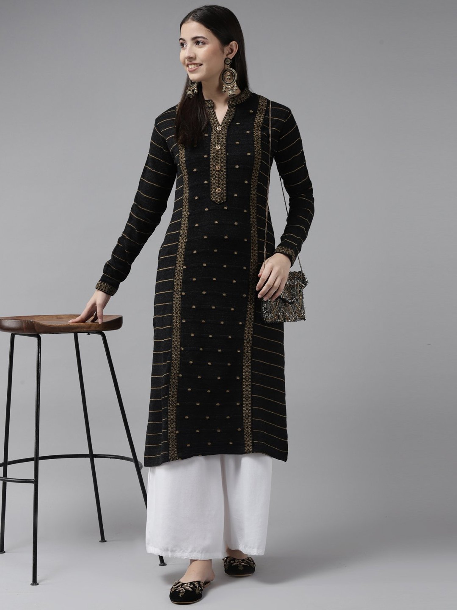 Cayman Black Wool Striped Straight Kurta