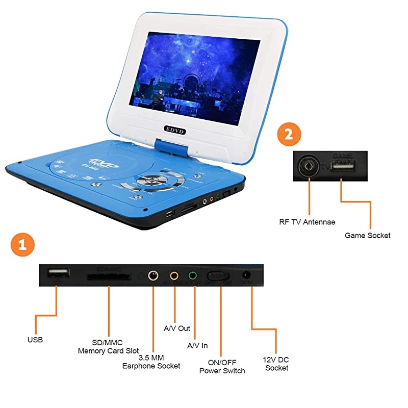 9.8" Portable DVD Player Supports SD Card/USB Port/CD/DVD, Rede Controller,2 Hour Rechargeable Battery, 9" Eye-Protective Screen, Support AV-in/Out,Region Free (Blue)