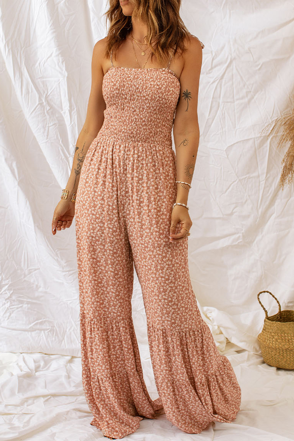 Rose Tan Solid Self Tied Straps Pleated Wide Leg Jumpsuit