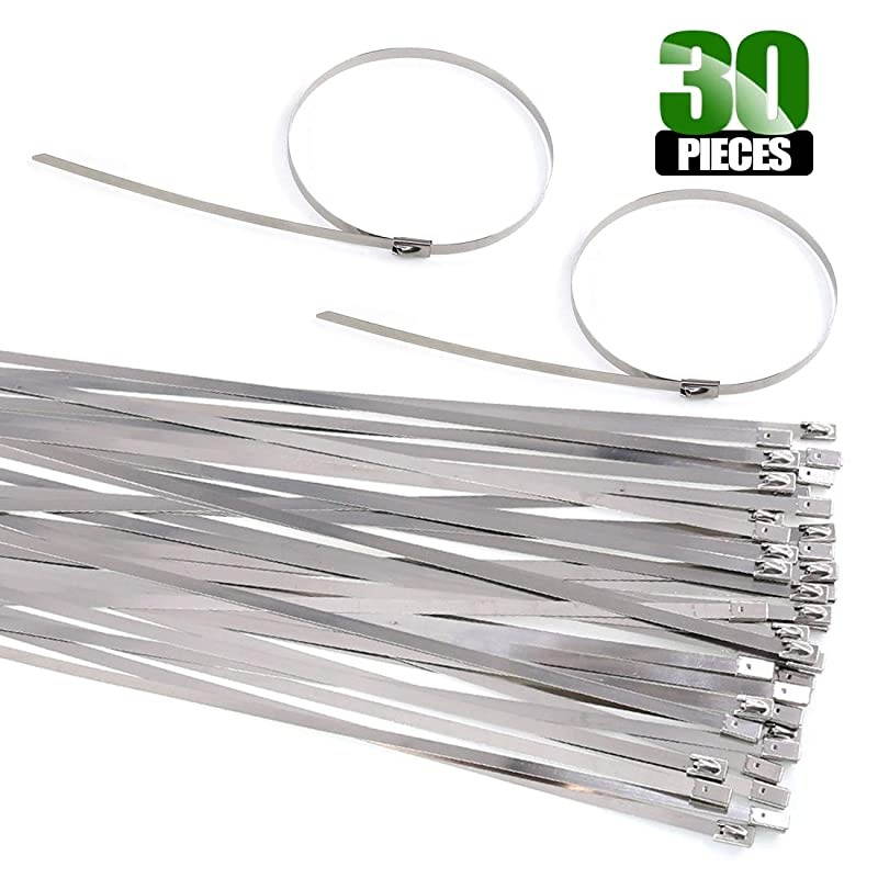 30Pcs 14 Inches 304 Stainless Steel Zip Ties Exhaust Wrap Coated Locking Metal Cable Zip Ties for Computer Wire Harness Automotive Parts and more