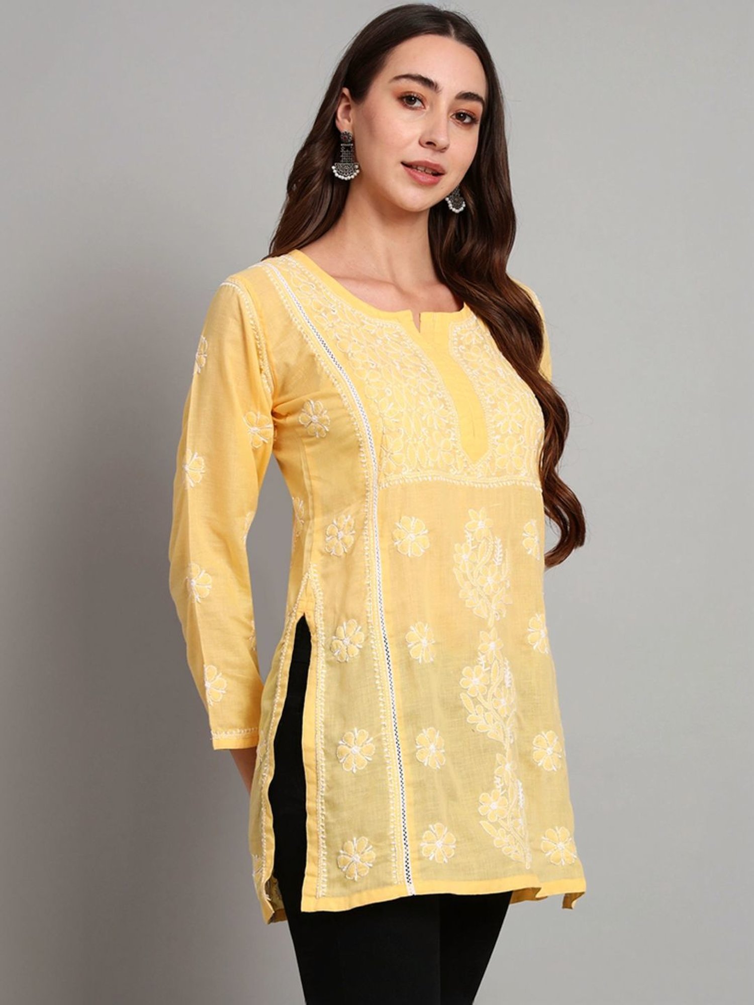PARAMOUNT CHIKAN Citrine Yellow Cotton Hand Embroidered Chikankari Straight Kurti