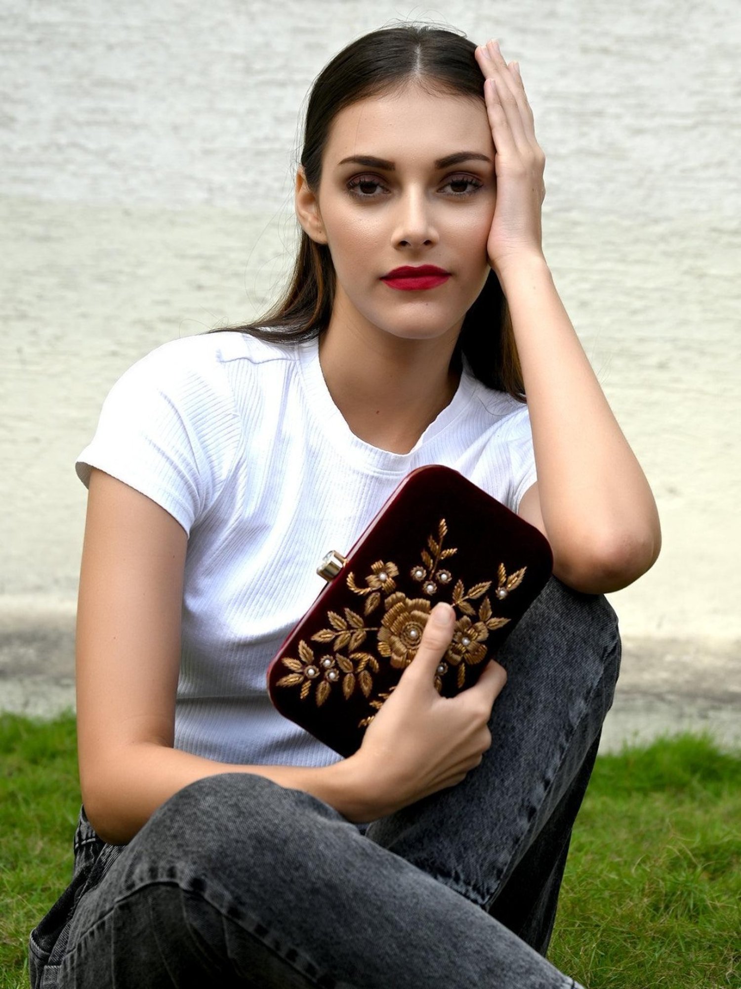 Odette Maroon Fabric Box Clutch