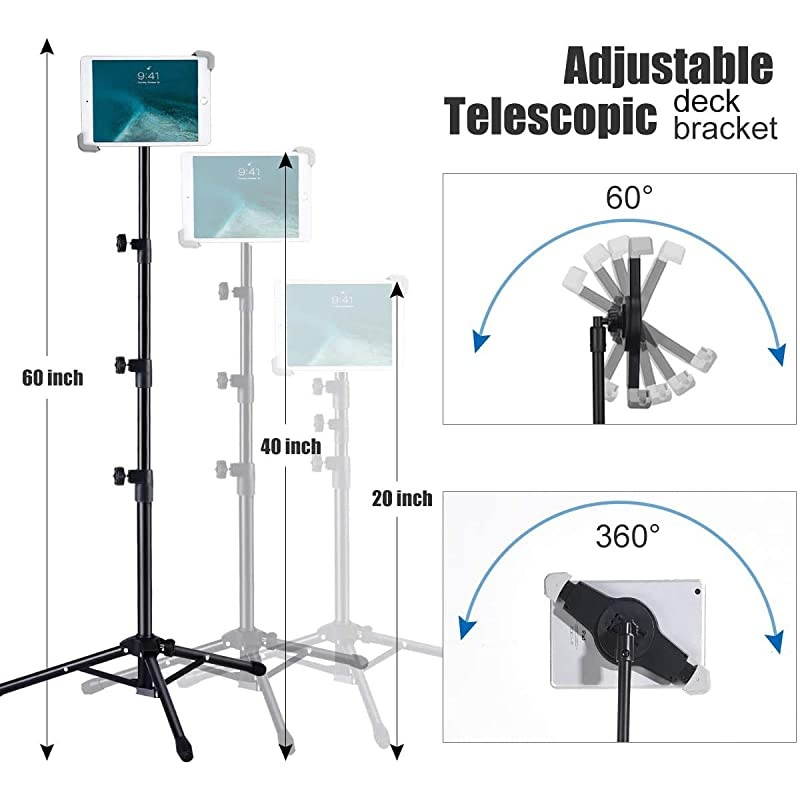Tripod Stand Height Adjustable 20 to 60 Inch Floor Stand with 360&deg; Rotating Tablet Tripod Mount for Video Recording Pro Air and More 95 to145 Inch Tablets Carrying Case