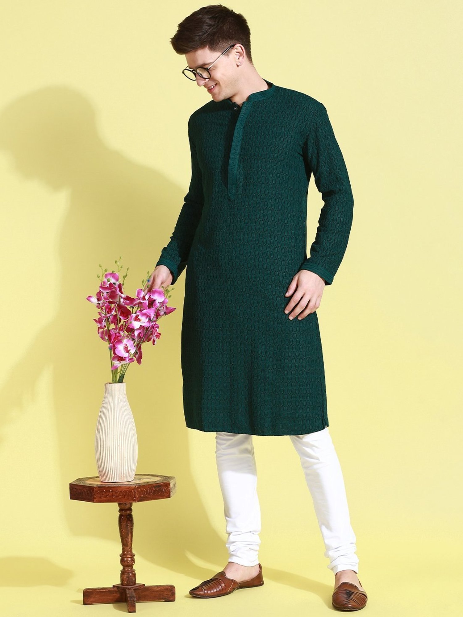 Sanwara Deep Green Cotton Regular Fit Embroidered Kurta Bottom Set
