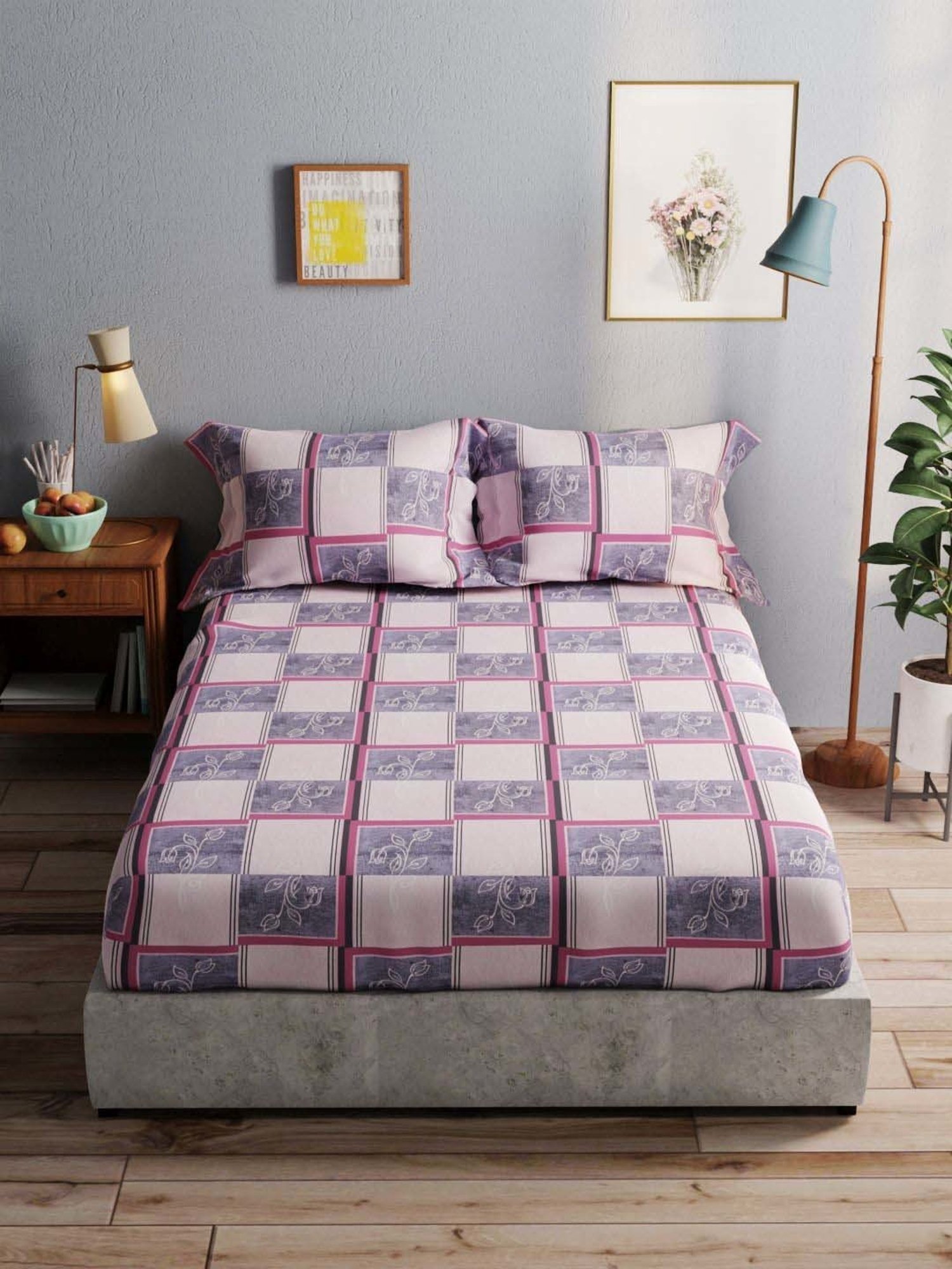 Bianca Amolina Grape 135 TC Cotton Double Bedsheet with 2 Pillow Covers