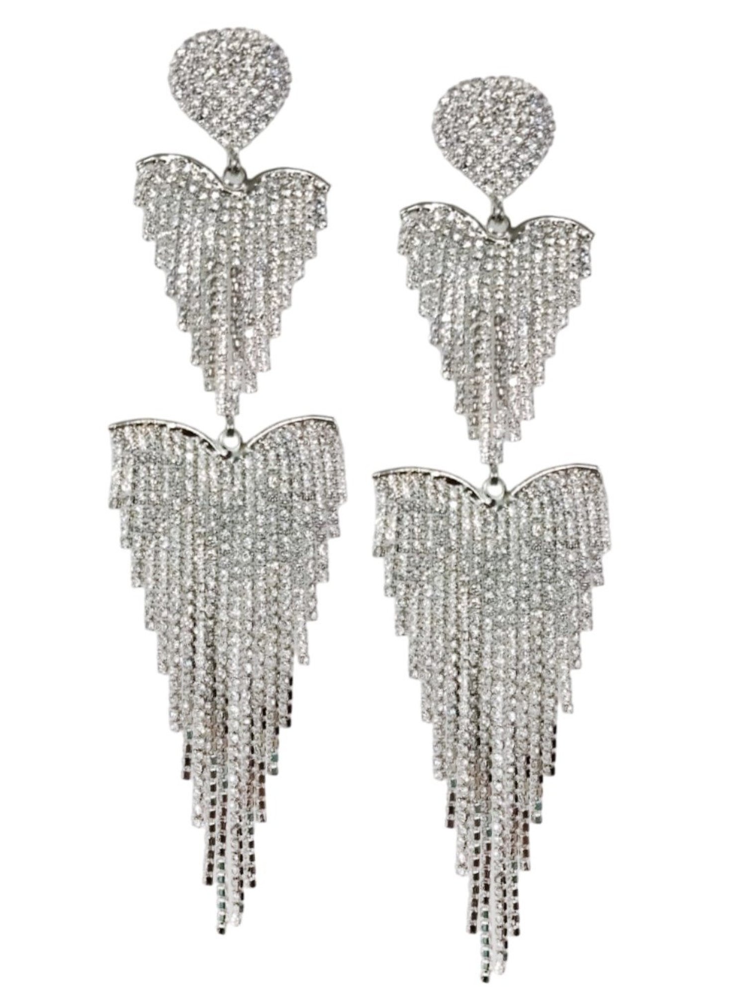 OOMPH Siver Crystal Double Heart Rainfall Tassels Statement Dangler Earrings