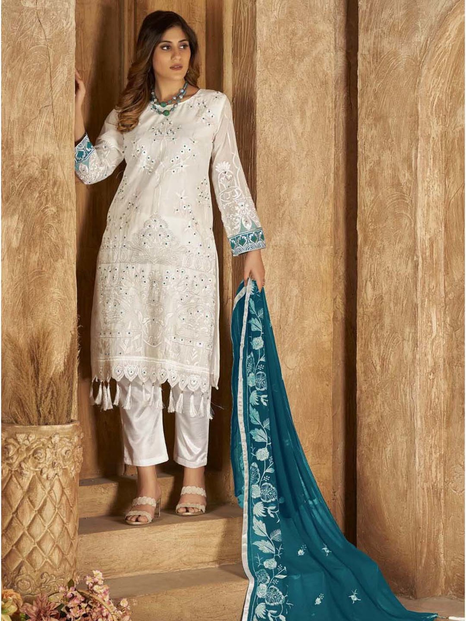 Warthy Ent White Embroidered Semi Stitched Dress Material