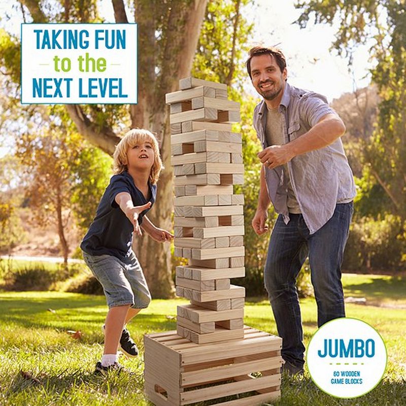 Giantville Indoor Outdoor Backyard Giant 60 Piece Jumbo Solid Pine Hardwood Tumbling Timber Block Toy Tower Game with Storage Crate