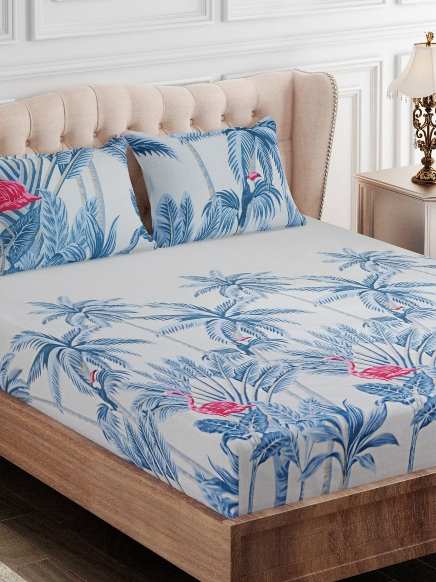 SEJ by Nisha Gupta Abstract Blue 160 TC Cotton King Bed Sheet with 2 Pillow Covers