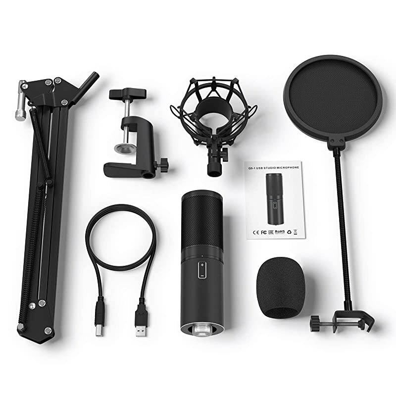 USB Microphone Kit Streaming Podcast PC Condenser Computer Mic for Gaming YouTube Video Recording Music Voice Over Studio Mic Bundle with Adjustment Arm Stand Q9