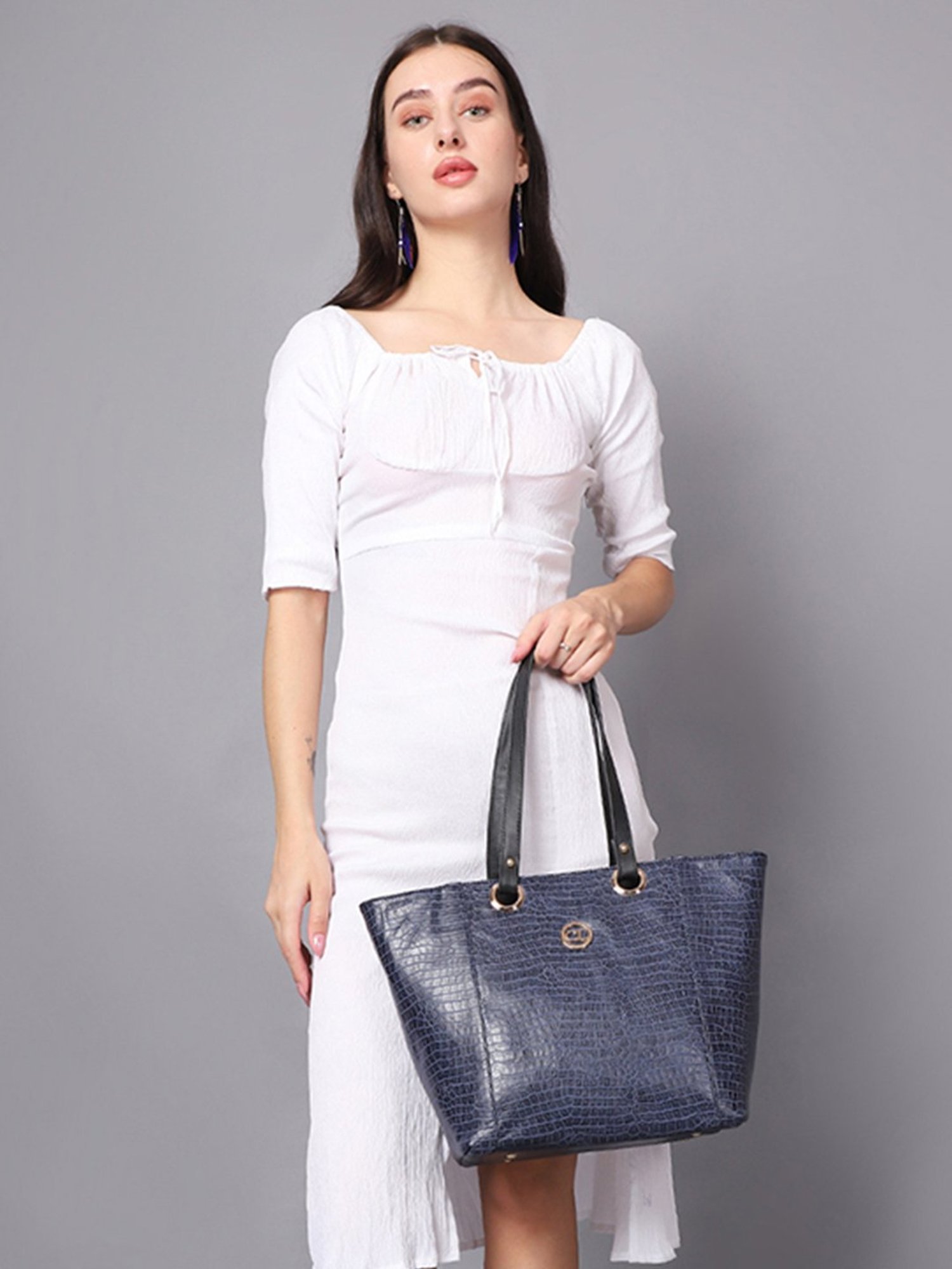 Carlton London Navy Textured Medium Tote Handbag