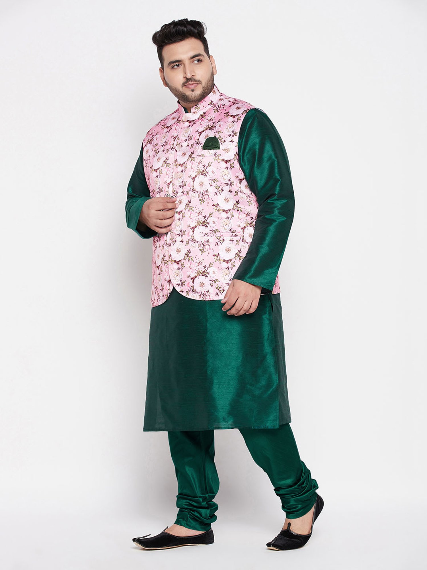 Vastramay Green And Pink Silk Blend Jacket Kurta Pyjama Set