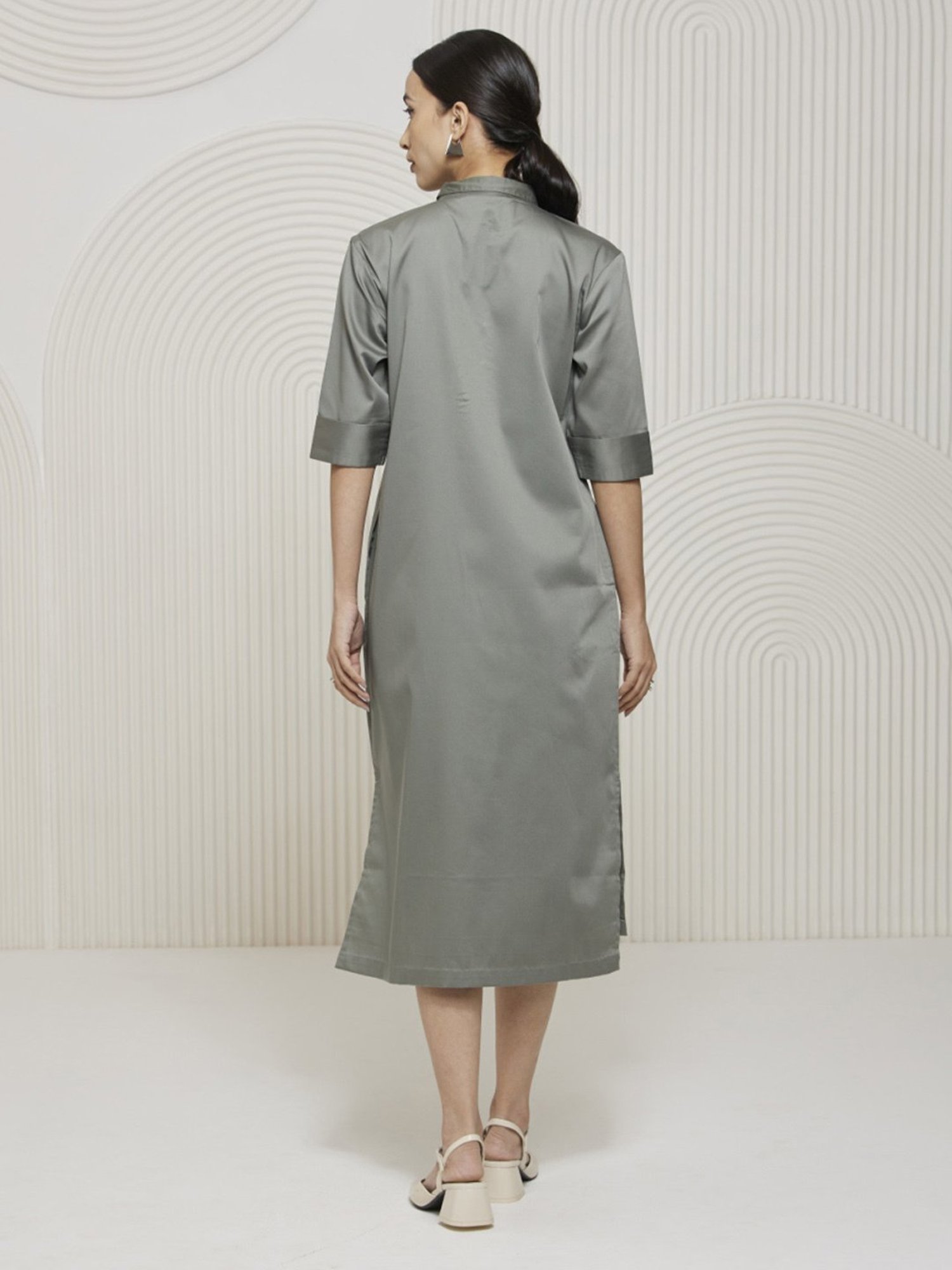 Artagai Green Elevated Basics Shirt Dress With Metal Button Detall