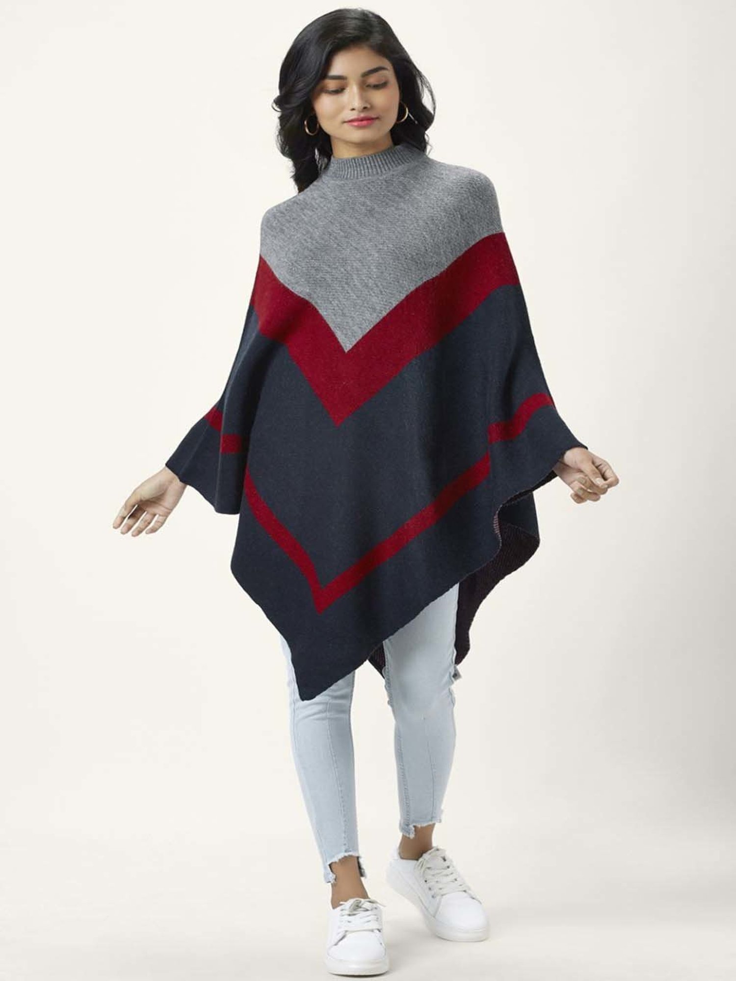 Honey by Pantaloons Maroon & Grey Jacquard Pattern Poncho