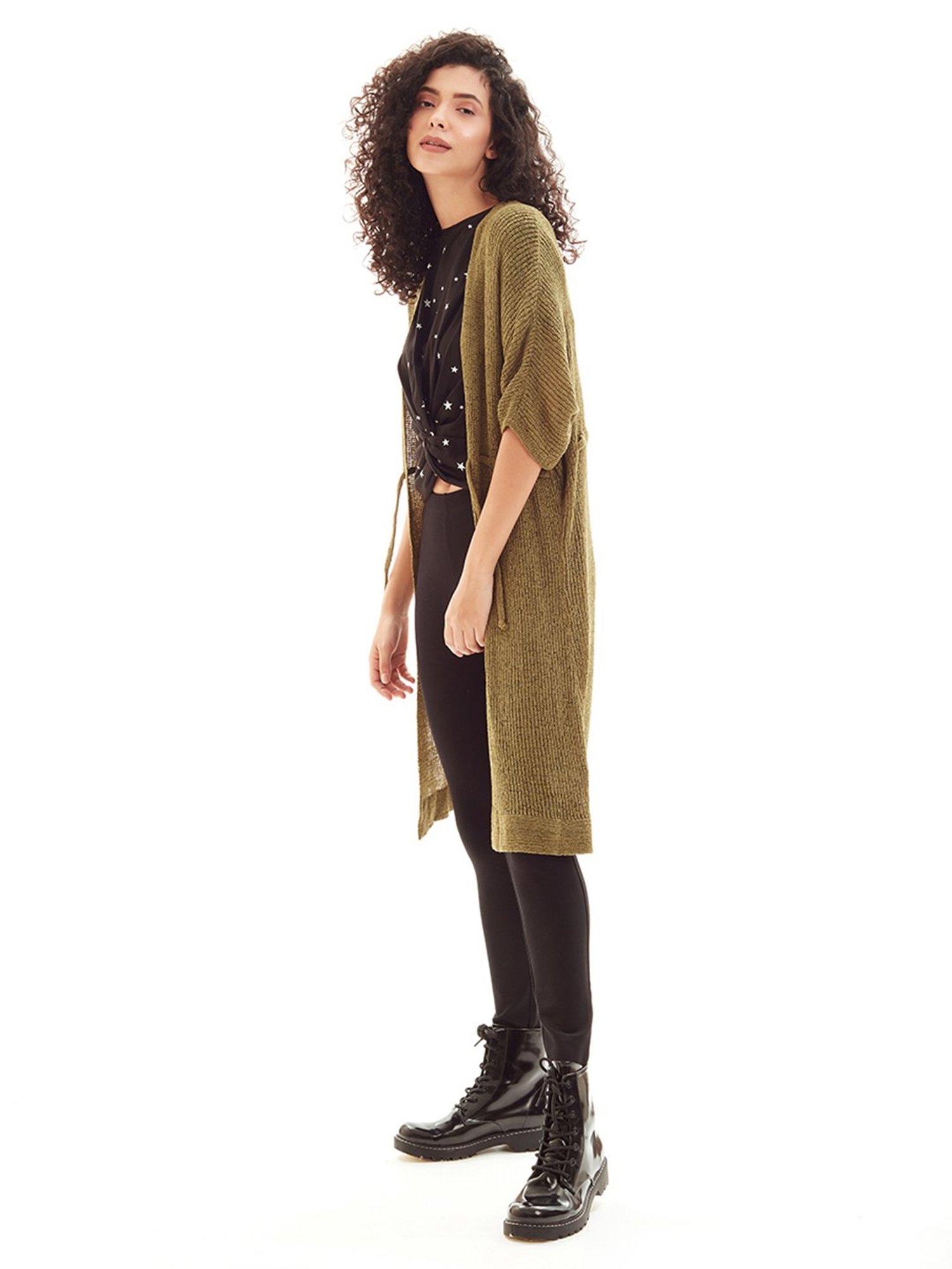 Cover Story Olive Self Design Long Shrug